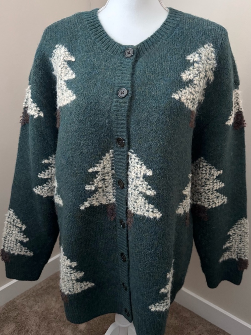 Coldwater Creek Forest Green Tree Pattern Button-Up Women's Sweater Cardigan